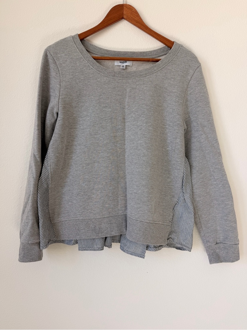 Kensie Gray Crewneck Sweater with Striped Back Panel